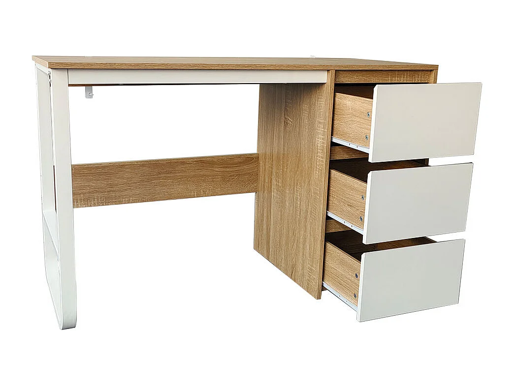 Escritorio Oficina 120 cm con 3 Cajones, Mesa de Ordenador Moderna, Estructura Metálica Blanca, Tablero MDF y Melamina, Color Sonoma/Blanco, 120x48x74 cm