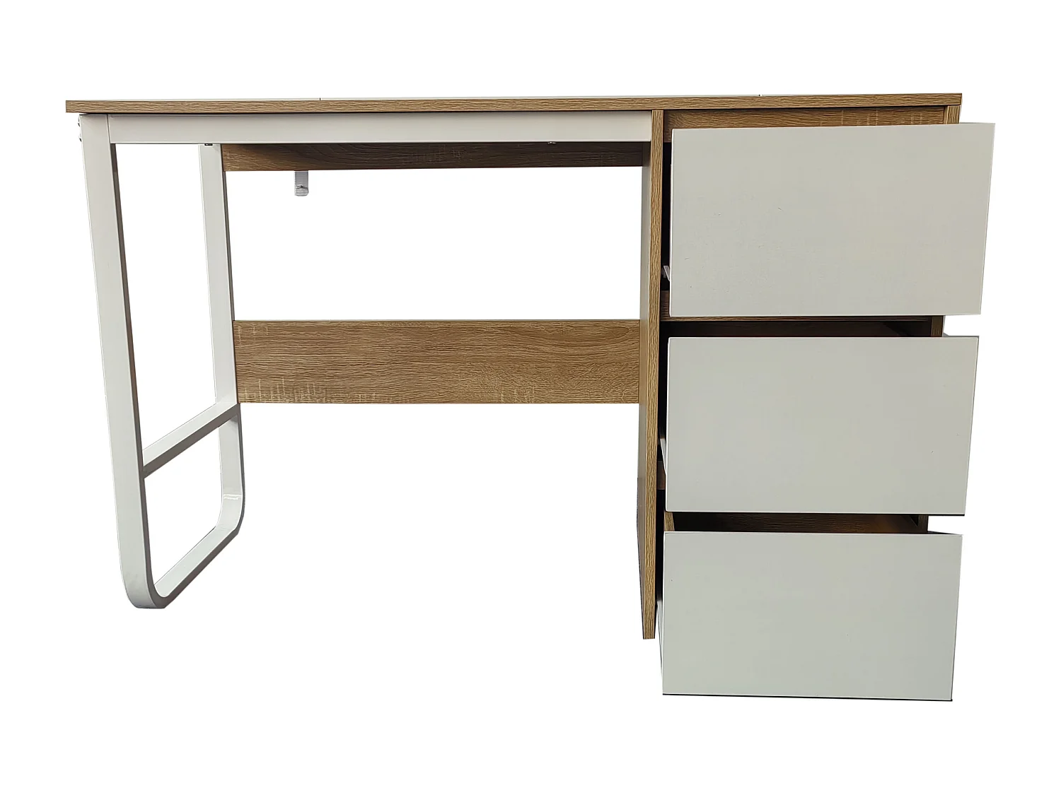 Escritorio Oficina 120 cm con 3 Cajones, Mesa de Ordenador Moderna, Estructura Metálica Blanca, Tablero MDF y Melamina, Color Sonoma/Blanco, 120x48x74 cm