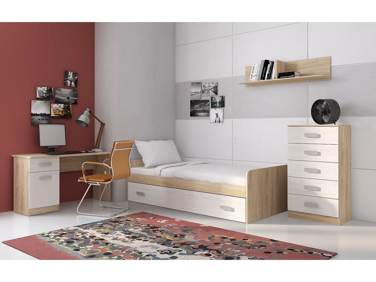 Mesa de Estudio, Escritorio con 2 Cajones, Mesa de Ordenador, Acabado en Color Blanco y Cambrian 70.8 x 120 x 49.8 cm