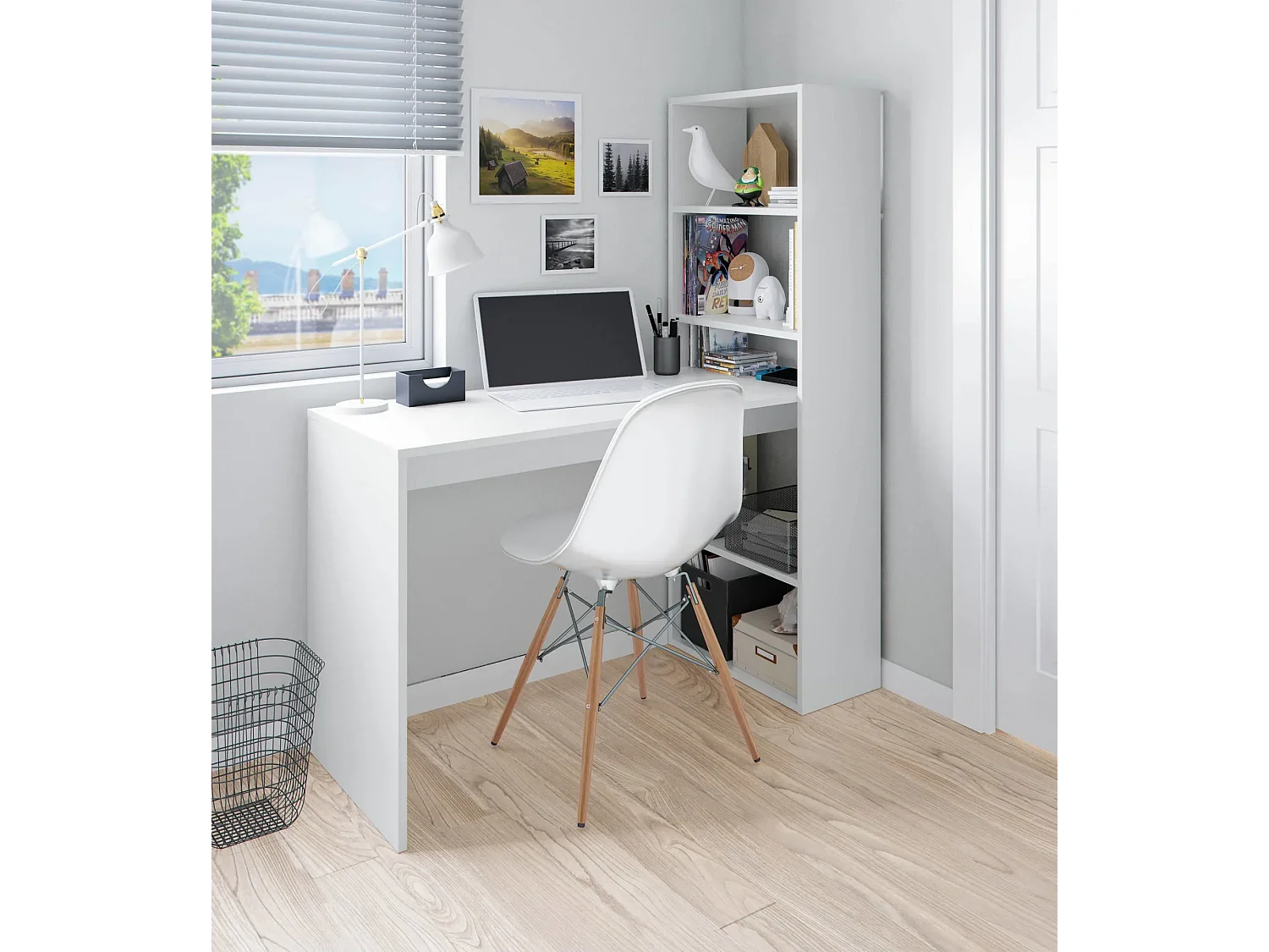 Meyvaser - Mesa de Ordenador, Mesa Escritorio con Estanteria Reversible, Medidas: 122 cm (Ancho) x  50 cm (Fondo) x 140 cm (Alto) Color Blanco