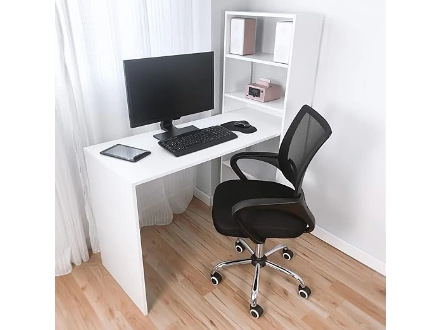 Meyvaser - Mesa de Ordenador, Mesa Escritorio con Estanteria Reversible, Medidas: 122 cm (Ancho) x  50 cm (Fondo) x 140 cm (Alto) Color Blanco