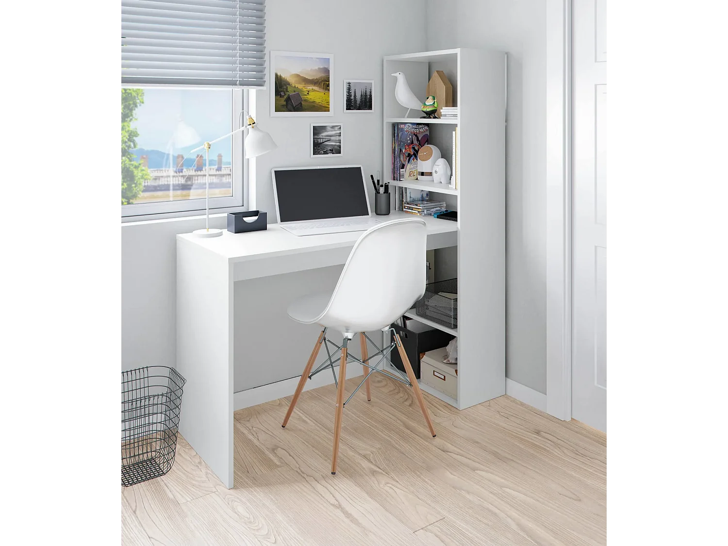 Meyvaser - Mesa de Ordenador, Mesa Escritorio con Estanteria Reversible, Medidas: 122 cm (Ancho) x  50 cm (Fondo) x 140 cm (Alto) Color Blanco