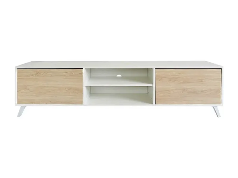 Mueble de TV de Diseño Nórdico, 2 Compartimentos de Almacenamiento y 2 Puertas, Cambria - Blanco, 49cm (Alto)x 180cm (Ancho) x 40cm (Fondo) - Meyvaser