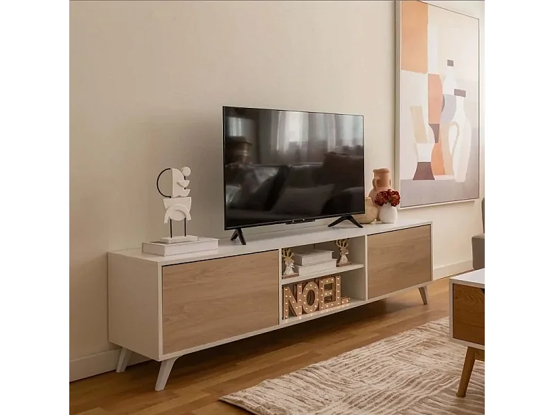 Mueble de TV de Diseño Nórdico, 2 Compartimentos de Almacenamiento y 2 Puertas, Cambria - Blanco, 49cm (Alto)x 180cm (Ancho) x 40cm (Fondo) - Meyvaser
