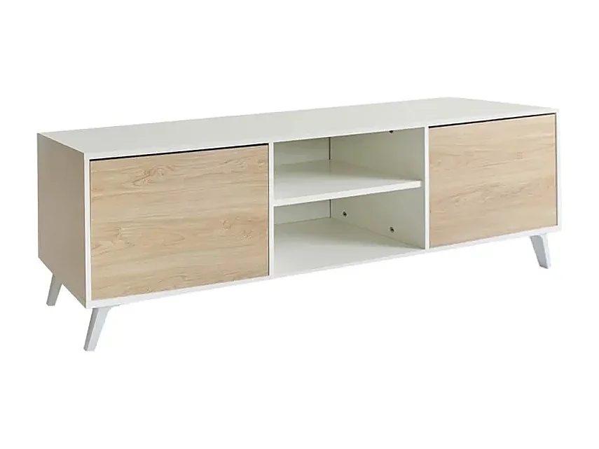 Mueble de TV de Diseño Nórdico, 2 Compartimentos de Almacenamiento y 2 Puertas, Cambria - Blanco, 49cm (Alto)x 180cm (Ancho) x 40cm (Fondo) - Meyvaser