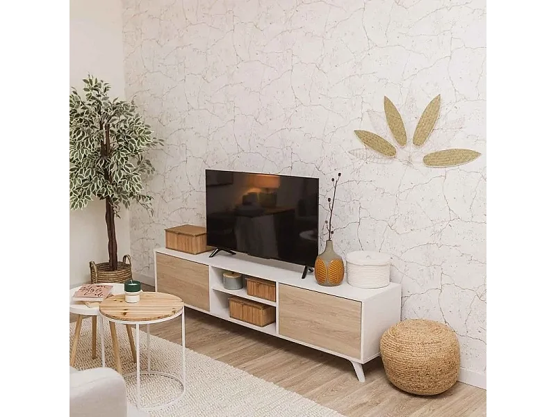 Mueble de TV de Diseño Nórdico, 2 Compartimentos de Almacenamiento y 2 Puertas, Cambria - Blanco, 49cm (Alto)x 180cm (Ancho) x 40cm (Fondo) - Meyvaser