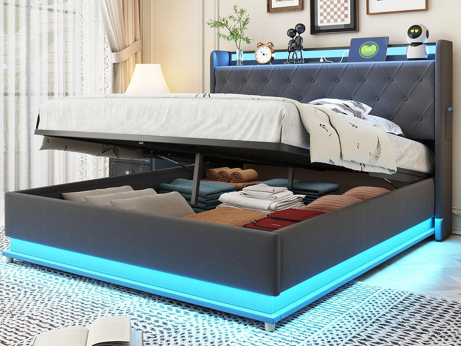 Łóżko z tapicerowanym zagłówkiem z LED 140x200 cm - z portem ładowania USB - z tkaniny lnianej - Szare