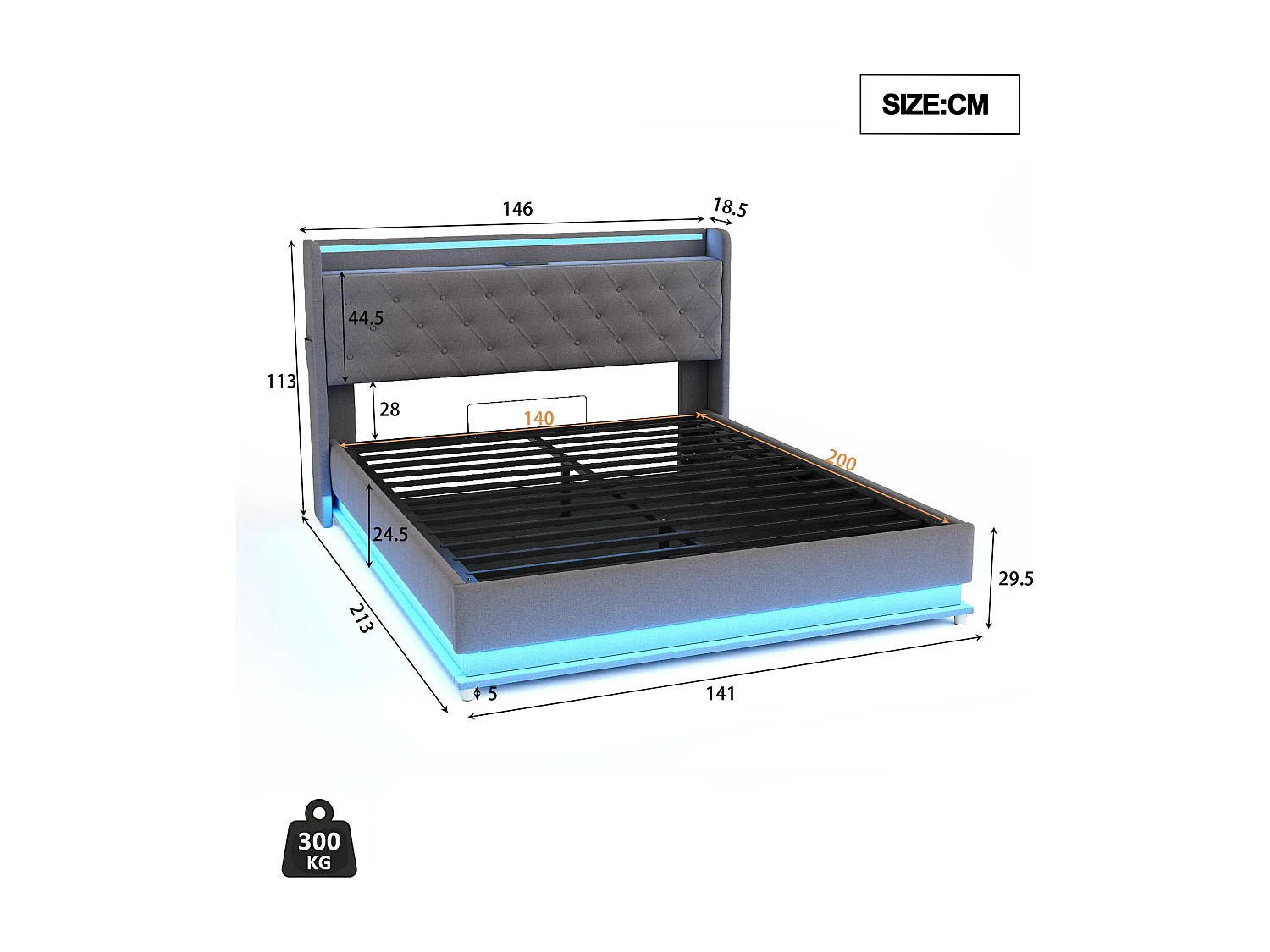 Łóżko z tapicerowanym zagłówkiem z LED 140x200 cm - z portem ładowania USB - z tkaniny lnianej - Szare