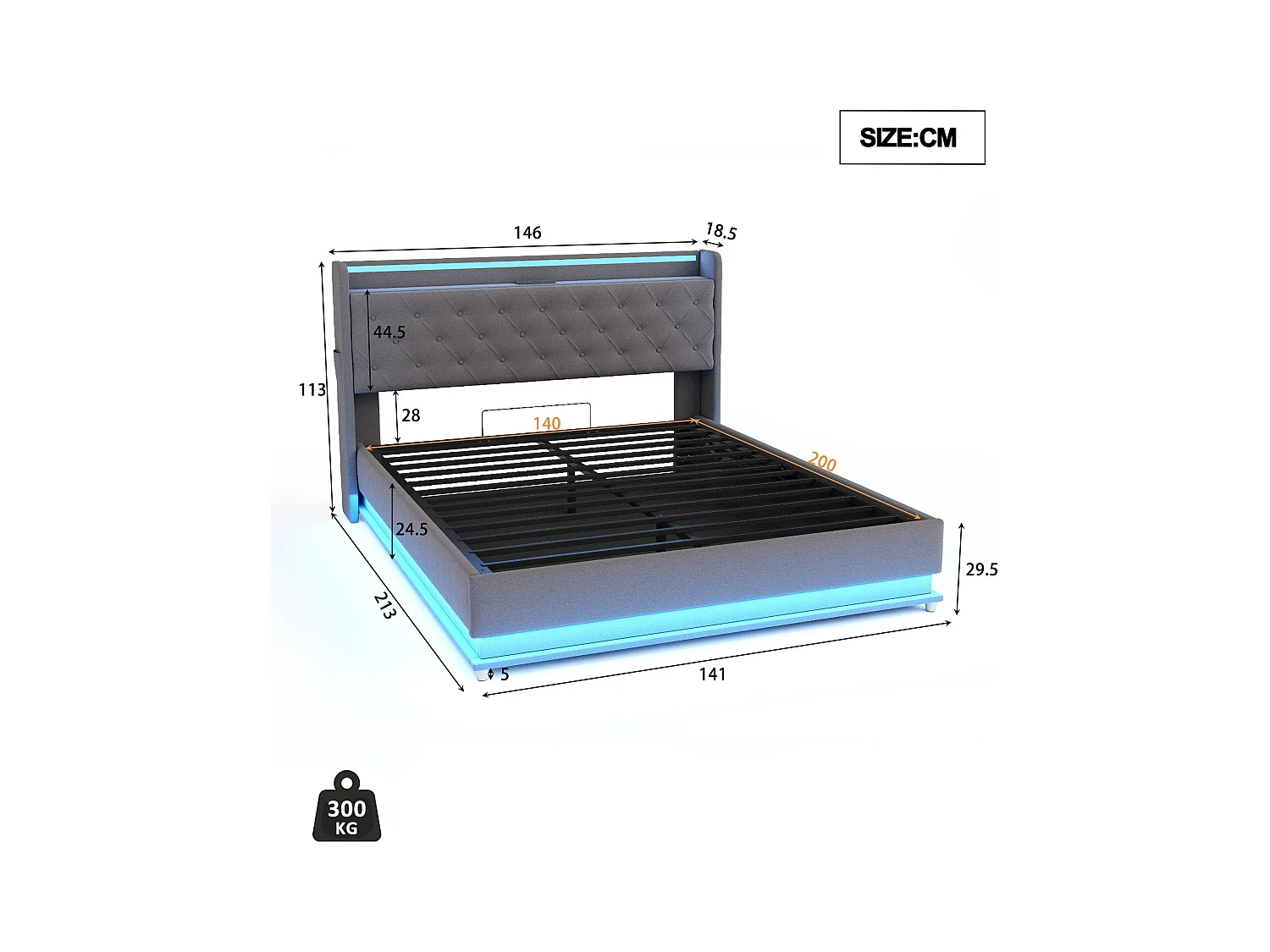 Lit coffre rembourré avec LED 140x200 cm - avec Port de chargement USB - en tissu de lin - Gris