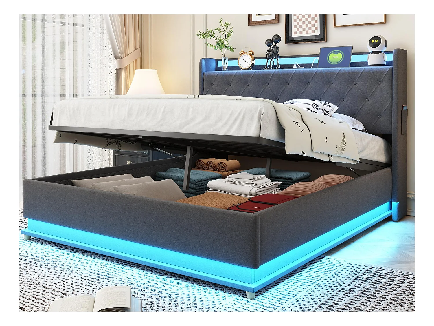 Lit coffre rembourré avec LED 140x200 cm - avec Port de chargement USB - en tissu de lin - Gris