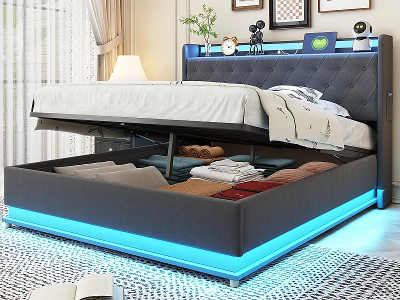 Łóżko z tapicerowanym zagłówkiem z LED 140x200 cm - z portem ładowania USB - z tkaniny lnianej - Szare