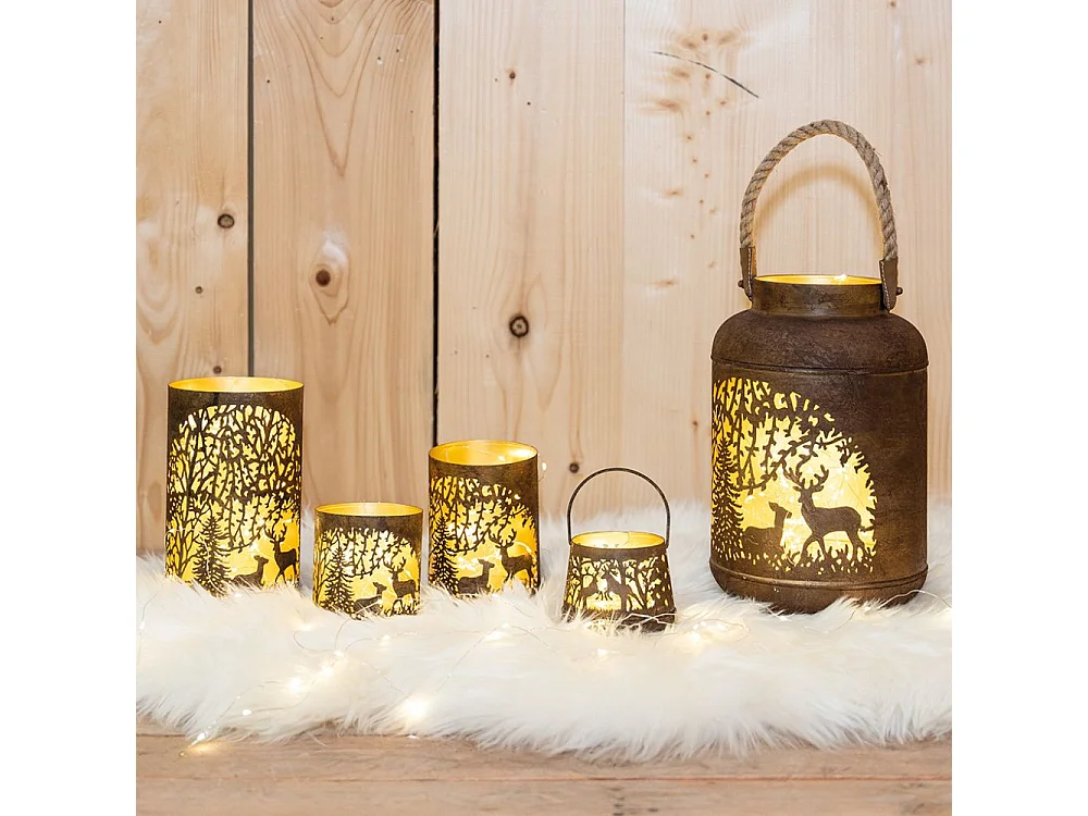 Lanterne en métal antique décor Cerf et Biche intérieur doré