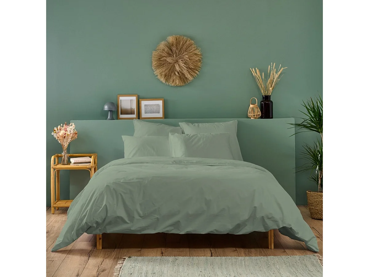 Parure de lit unie 100% Percale de coton - Sauge - 240x260cm