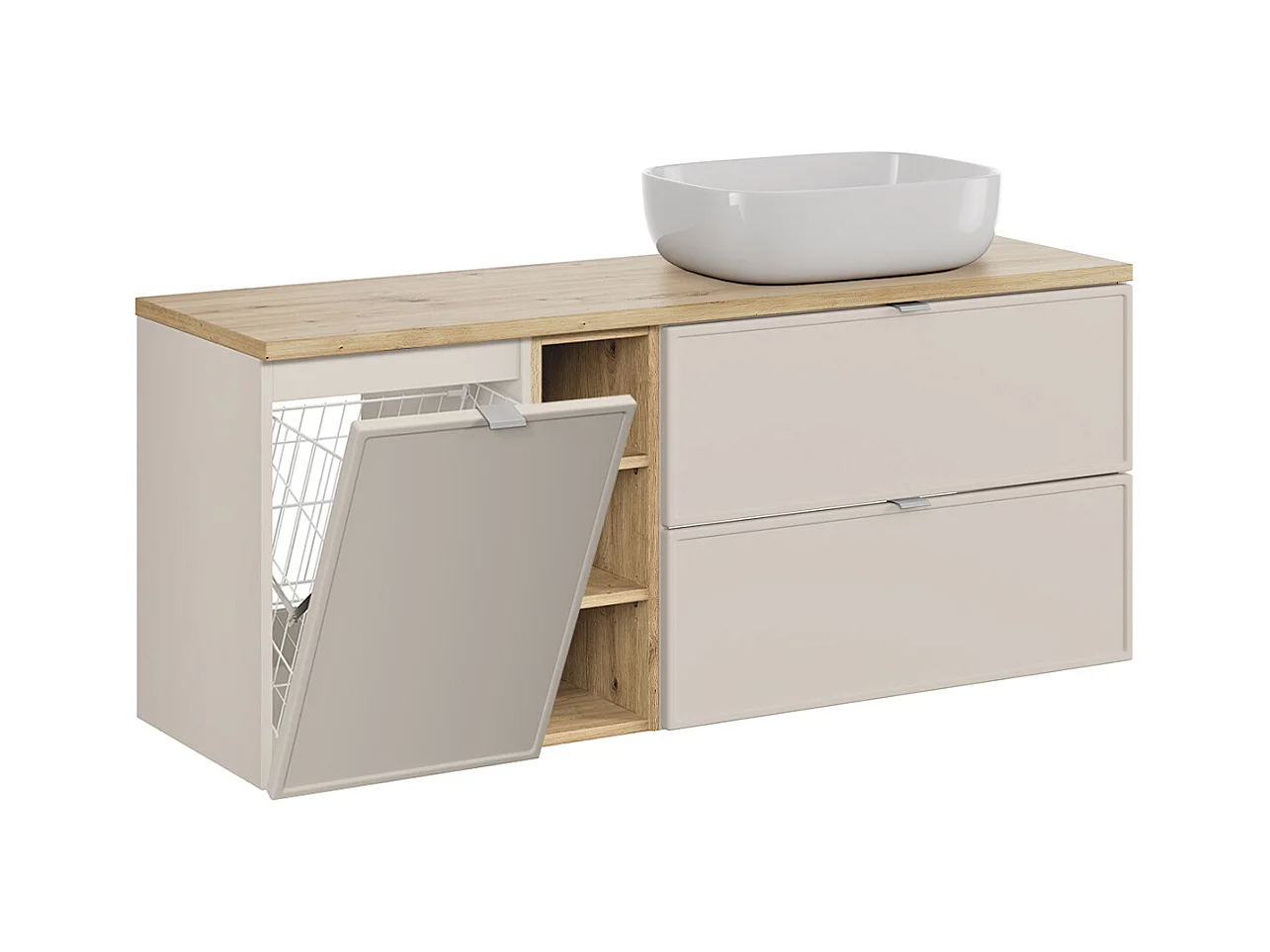 Meuble simple vasque 140cm 3 niches panier à linge Alba Cachemire