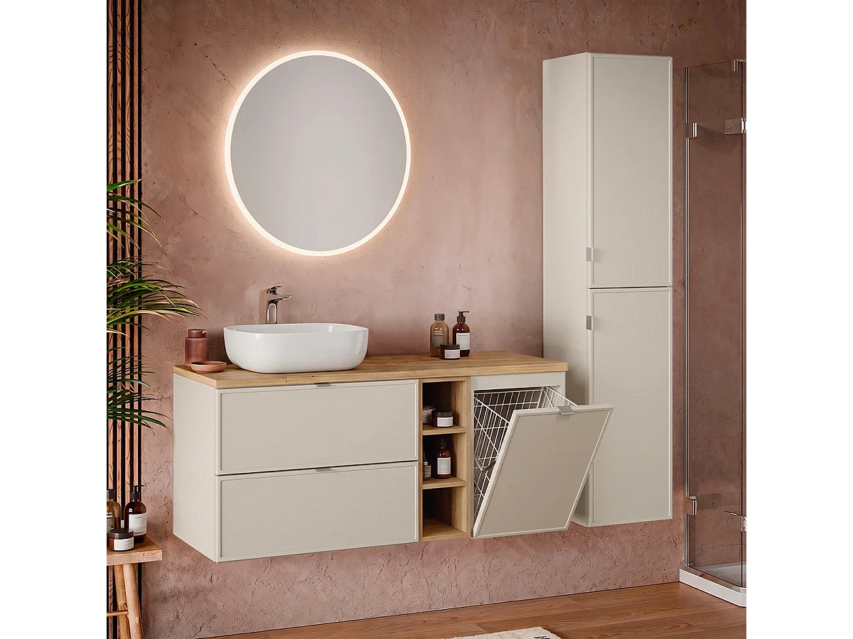 Meuble simple vasque 140cm 3 niches panier à linge Alba Cachemire