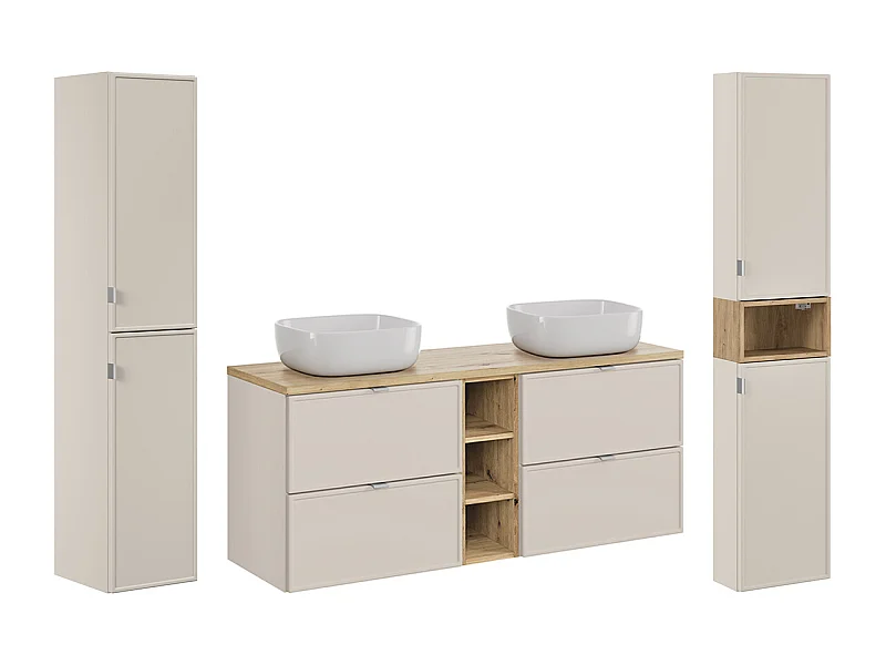 Conjunto de muebles con doble lavabo 140cm 3 compartimientos y 2 columnas Alba Cachemira