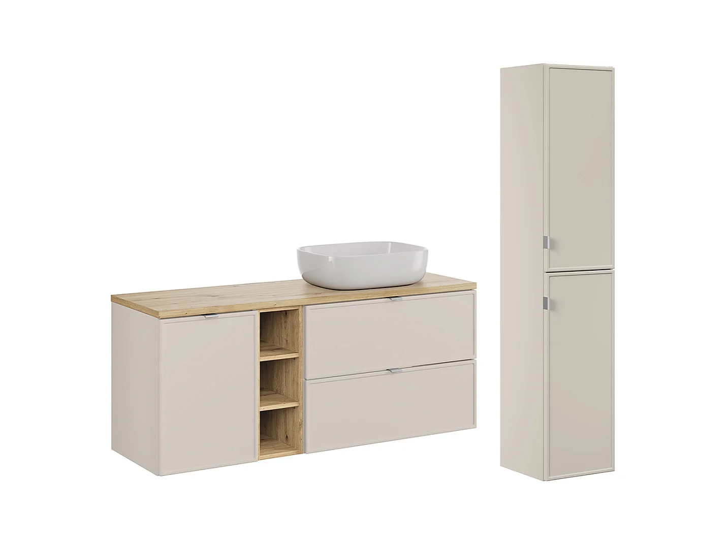 Ensemble meuble simple vasque 140cm 3 niches panier à linge et colonne Alba Cachemire
