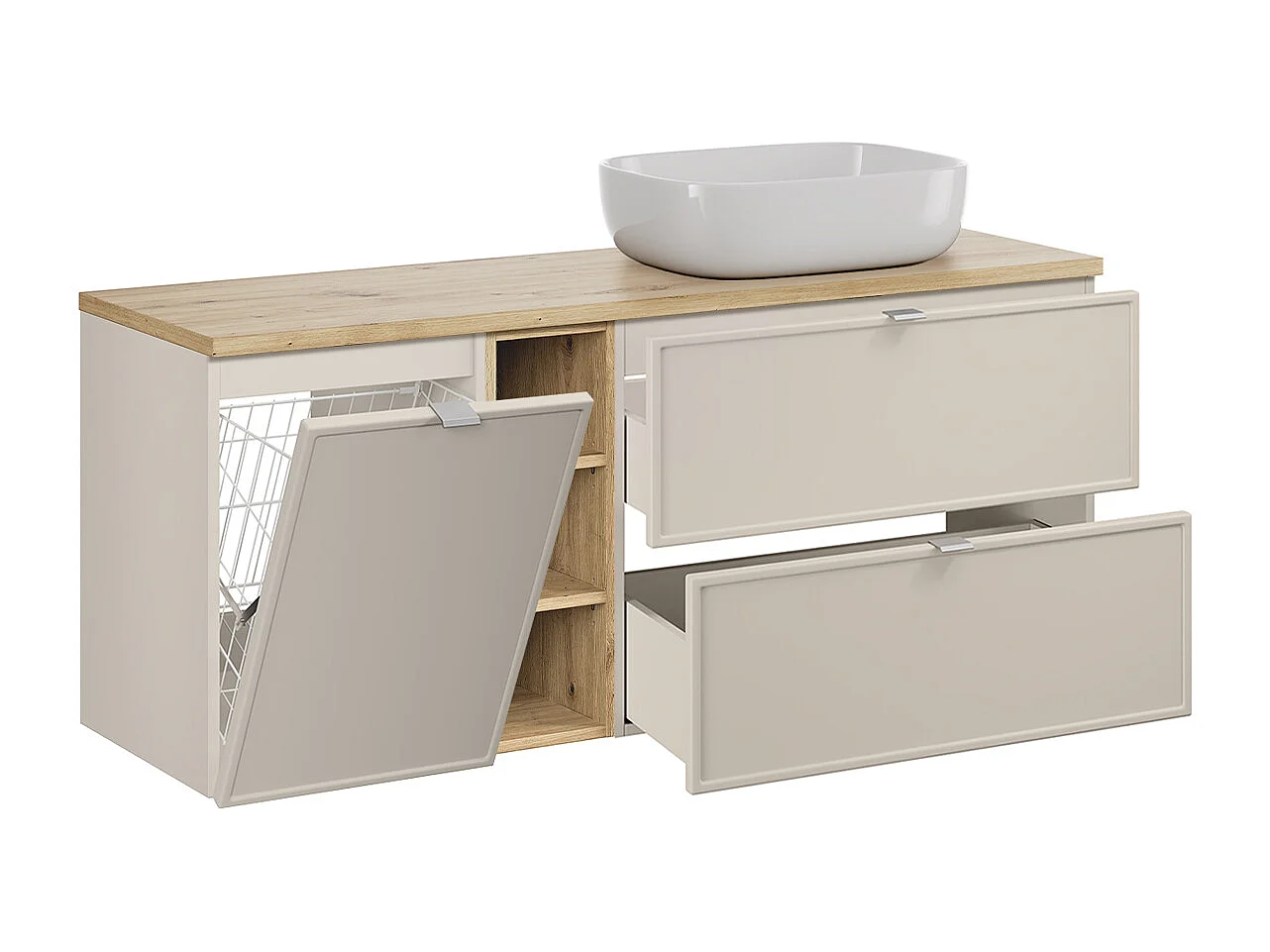 Conjunto de muebles con lavabo individual 140cm 3 compartimientos cesto de ropa y columna Alba Cachemira
