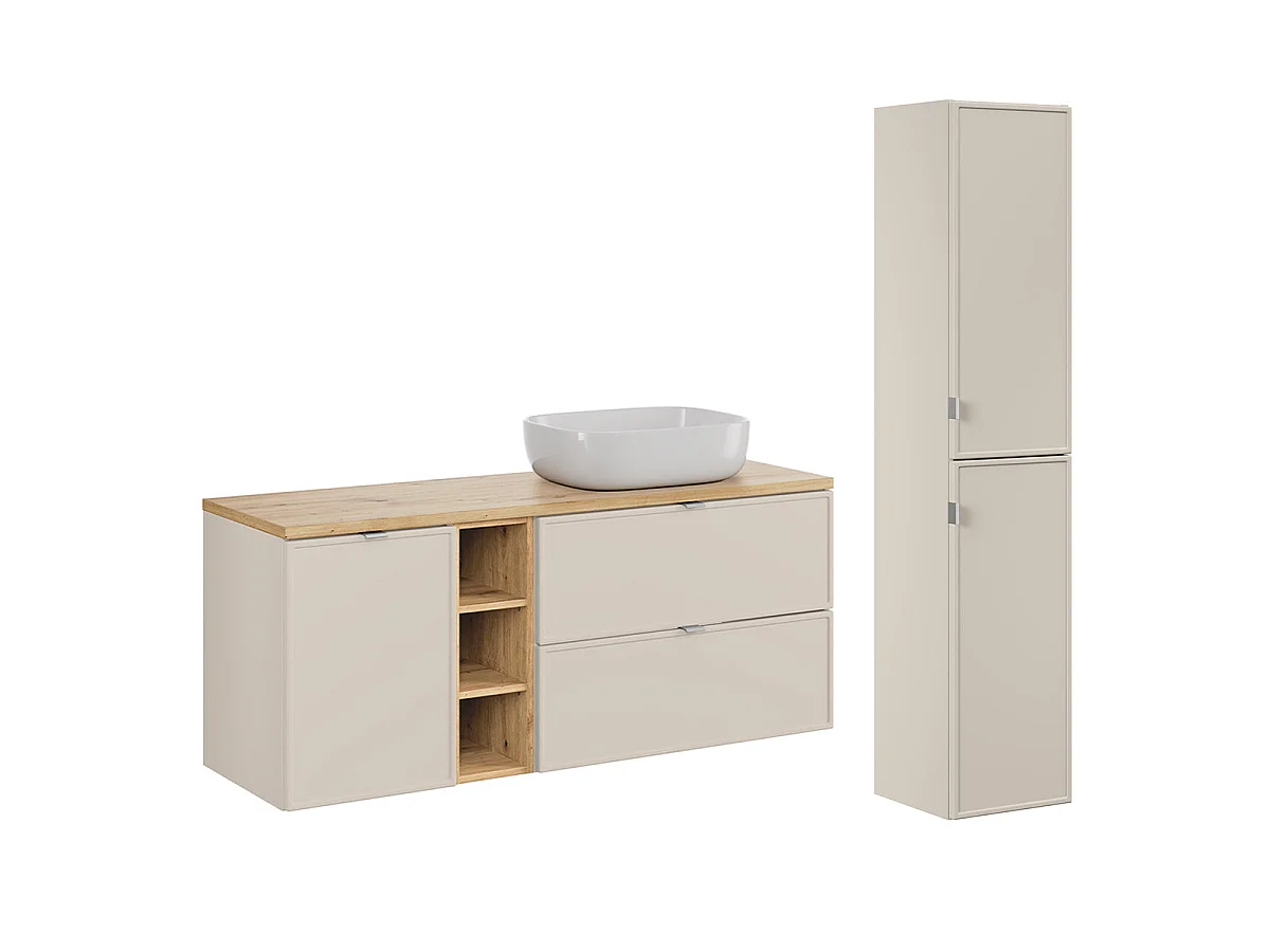 Ensemble meuble simple vasque 140cm 3 niches panier à linge et colonne Alba Cachemire