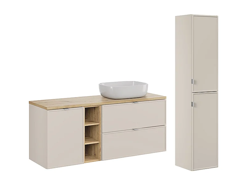 Conjunto de muebles con lavabo individual 140cm 3 compartimientos cesto de ropa y columna Alba Cachemira