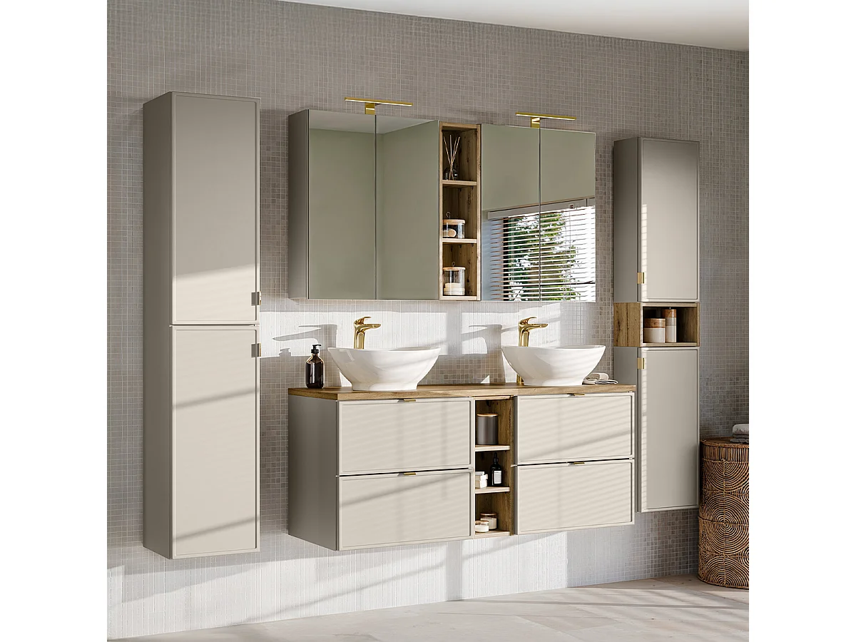 Ensemble meuble double vasque 140cm 3 niches et 2 colonnes Alba Cachemire Lola