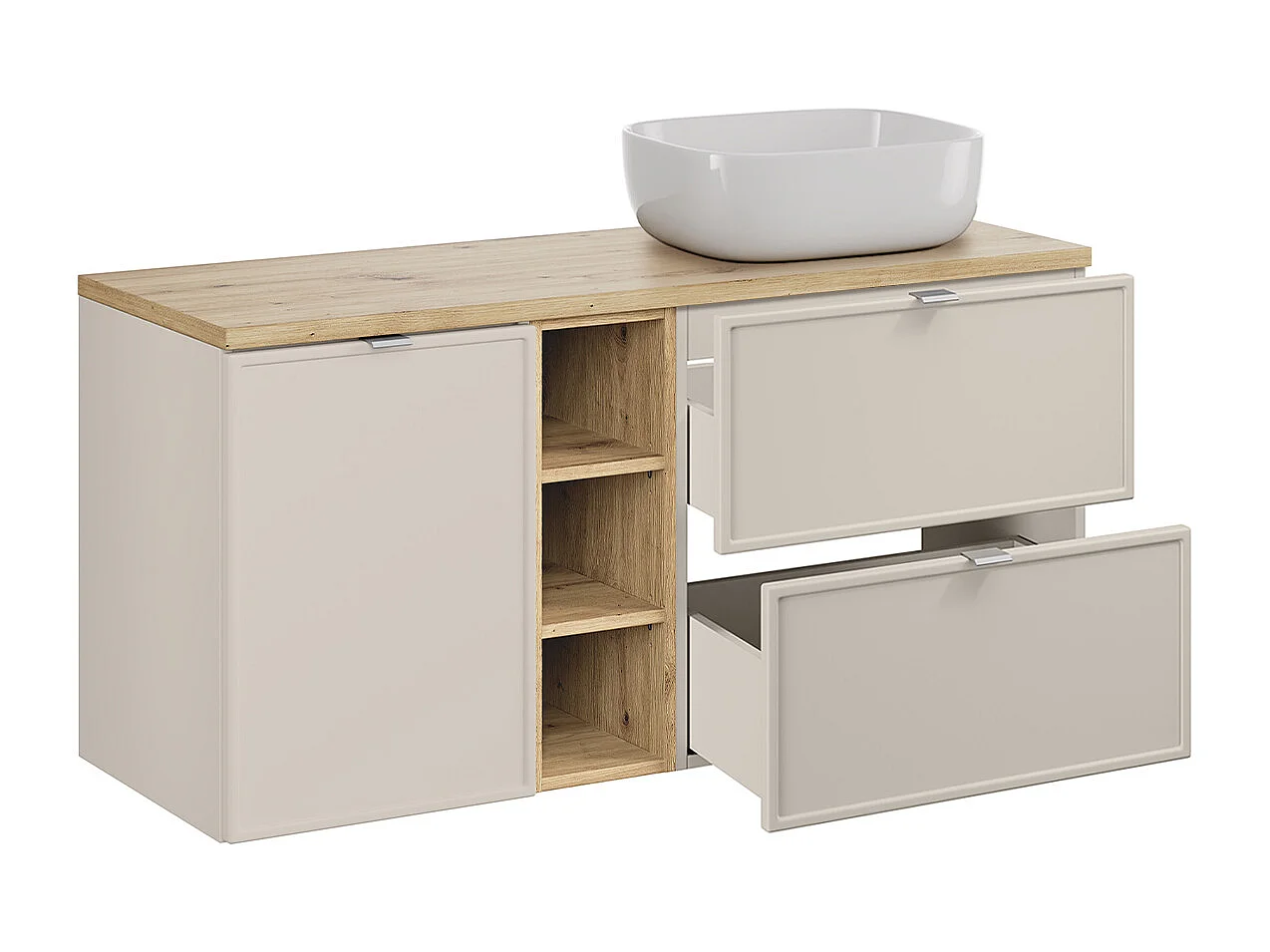 Ensemble meuble simple vasque 120cm 3 niches panier à linge et colonne Alba Cachemire