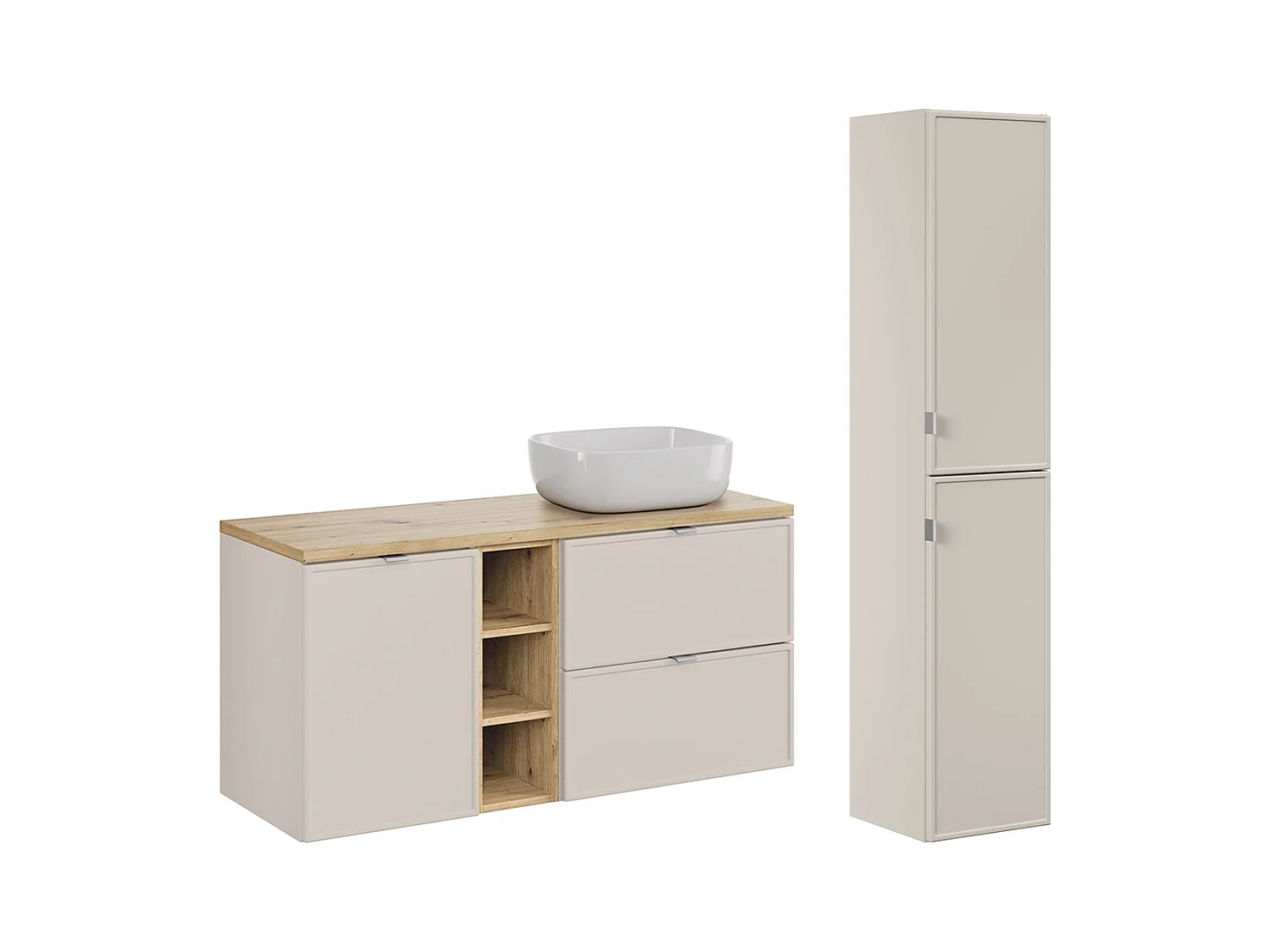 Ensemble meuble simple vasque 120cm 3 niches panier à linge et colonne Alba Cachemire