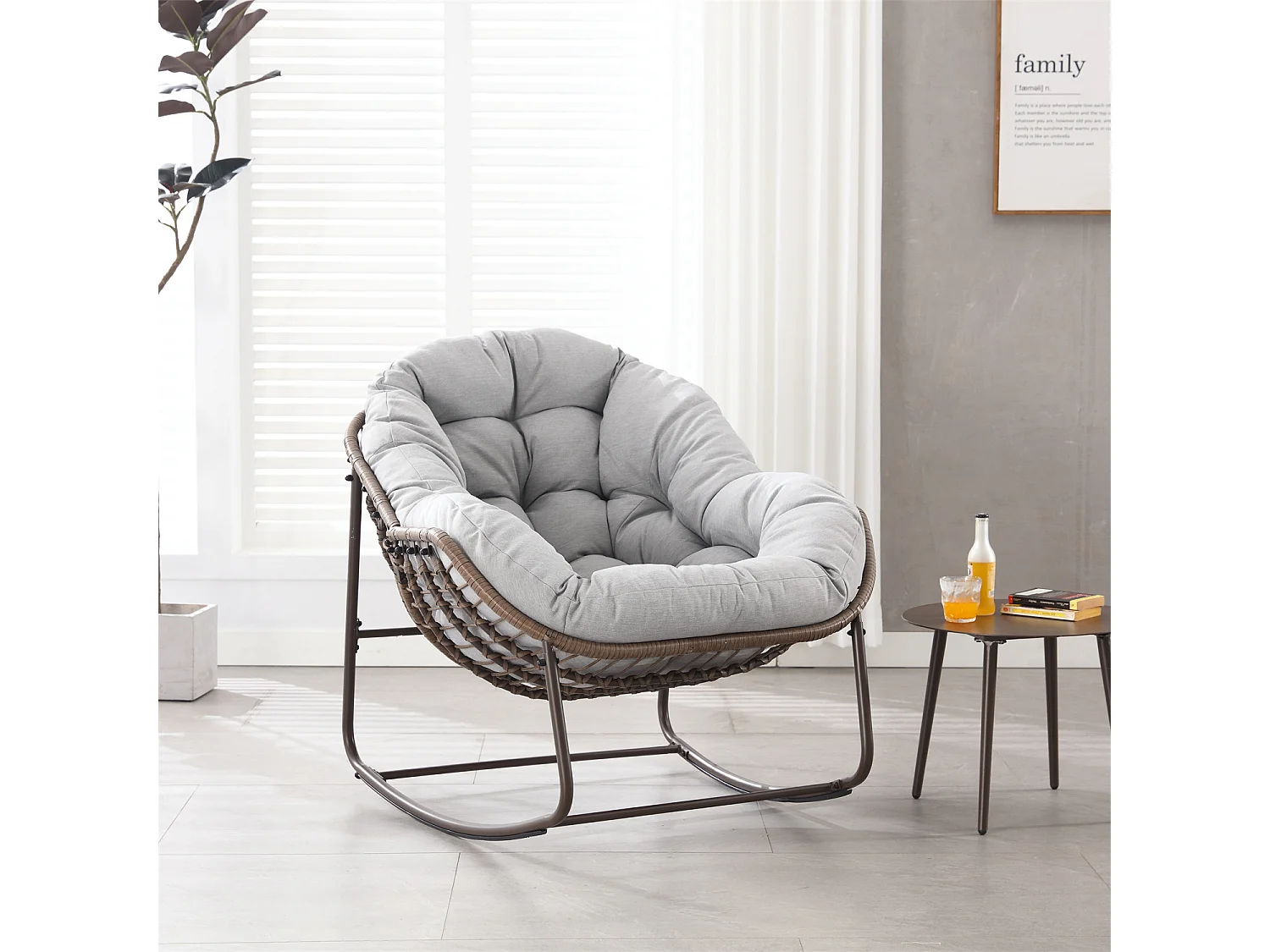 Schommelstoel met gewatteerd kussen,rotan stoel met stalen frame,lounge stoel,voor woonkamer,slaapkamer,kantoor,tuin,111cmx94,5cmx80cm,Lichtgrijs