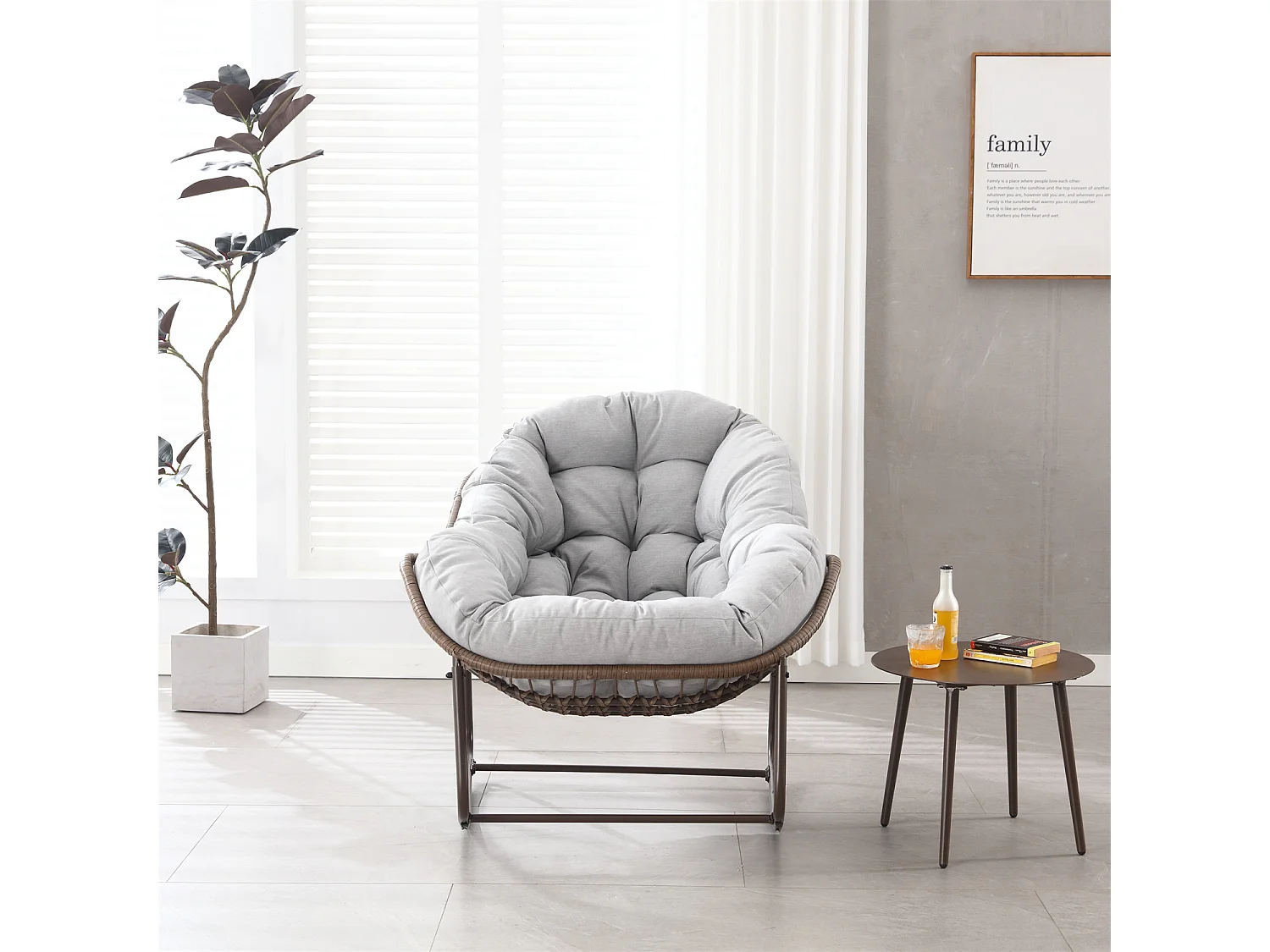 Schommelstoel met gewatteerd kussen,rotan stoel met stalen frame,lounge stoel,voor woonkamer,slaapkamer,kantoor,tuin,111cmx94,5cmx80cm,Lichtgrijs