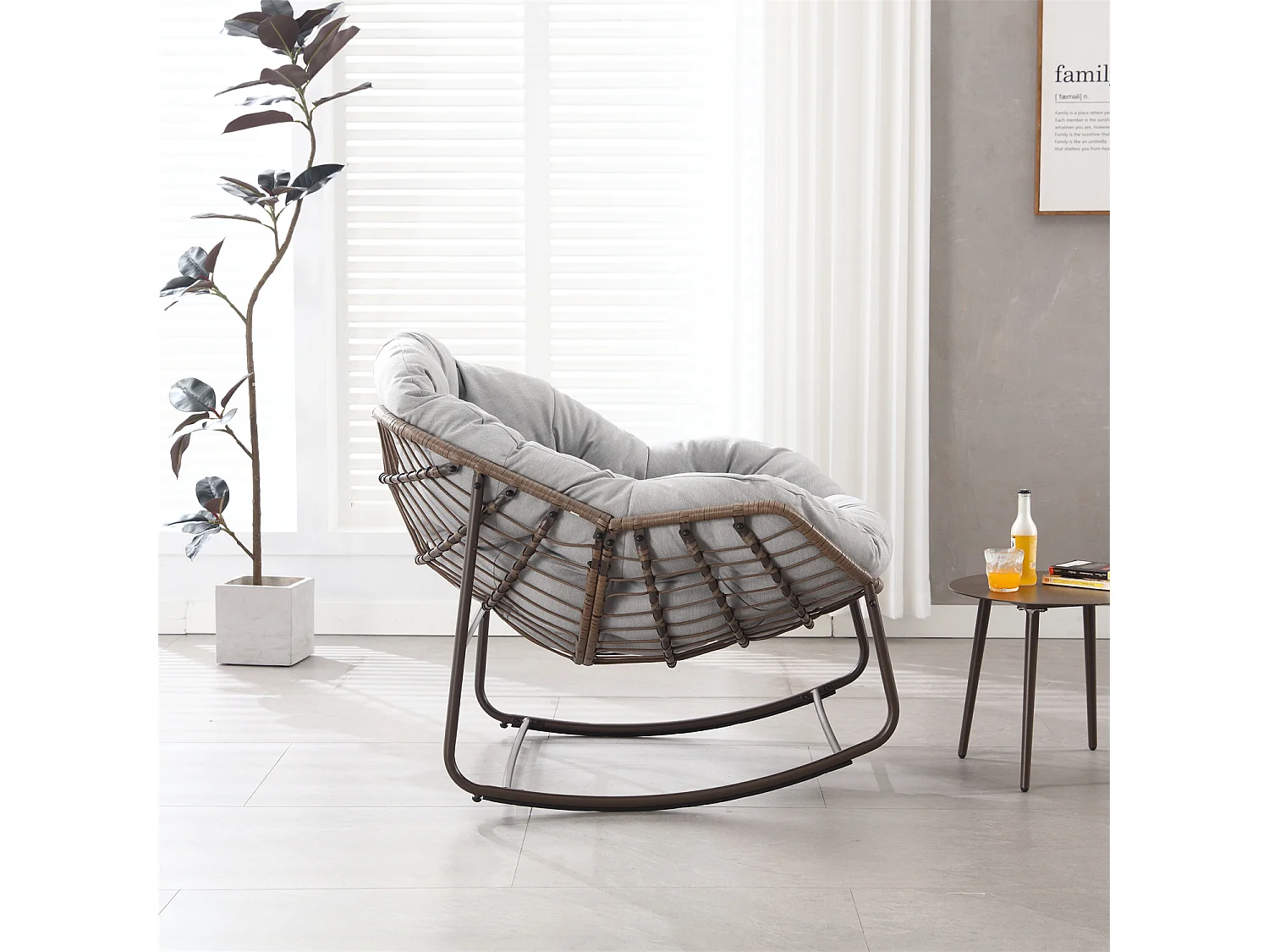 Schommelstoel met gewatteerd kussen,rotan stoel met stalen frame,lounge stoel,voor woonkamer,slaapkamer,kantoor,tuin,111cmx94,5cmx80cm,Lichtgrijs