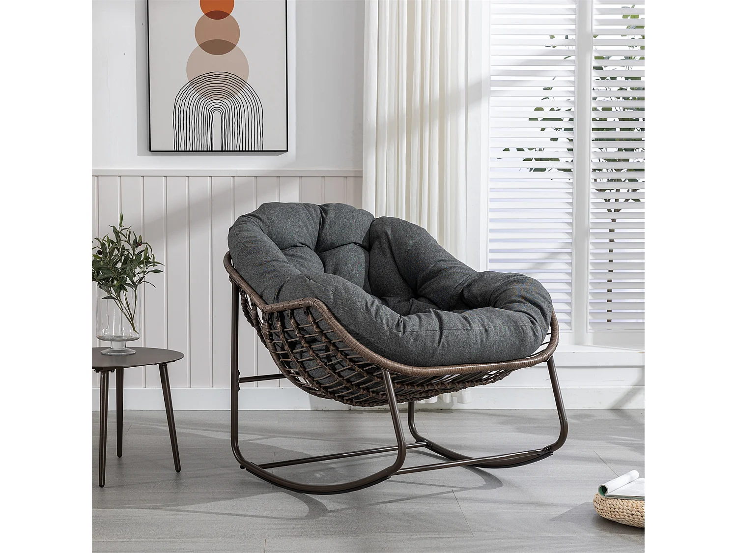 Schommelstoel met gewatteerd kussen,rotan stoel met stalen frame,lounge stoel,voor woonkamer,slaapkamer,kantoor,tuin,111cmx94,5cmx80cm,Grijs