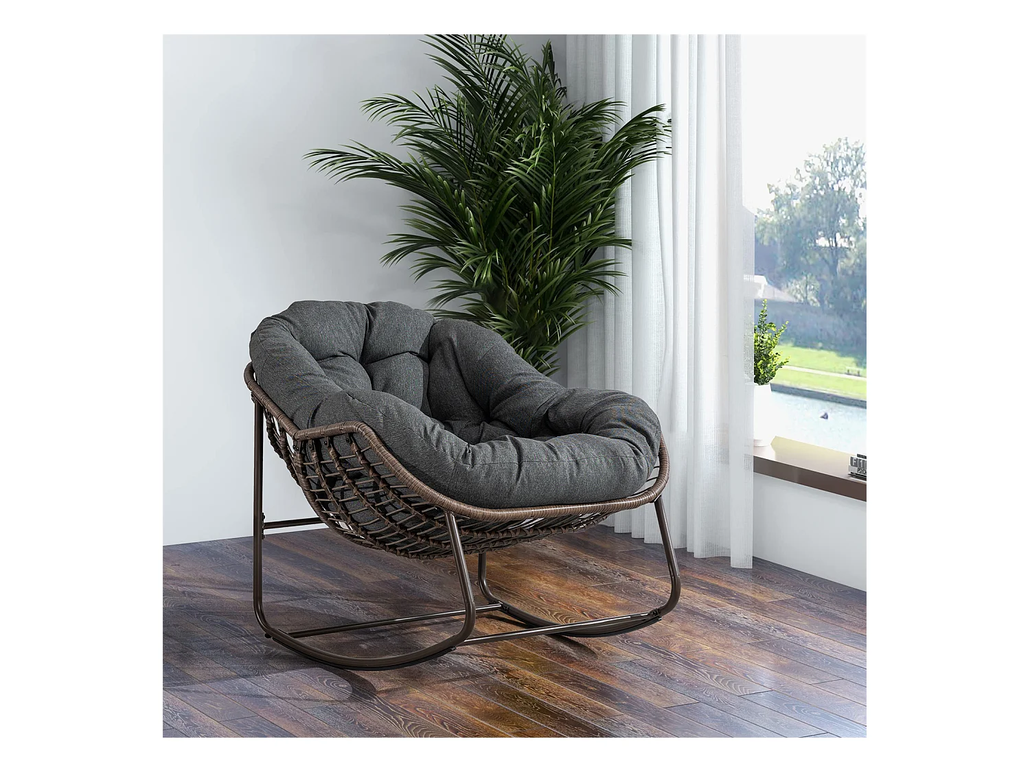 Schommelstoel met gewatteerd kussen,rotan stoel met stalen frame,lounge stoel,voor woonkamer,slaapkamer,kantoor,tuin,111cmx94,5cmx80cm,Grijs