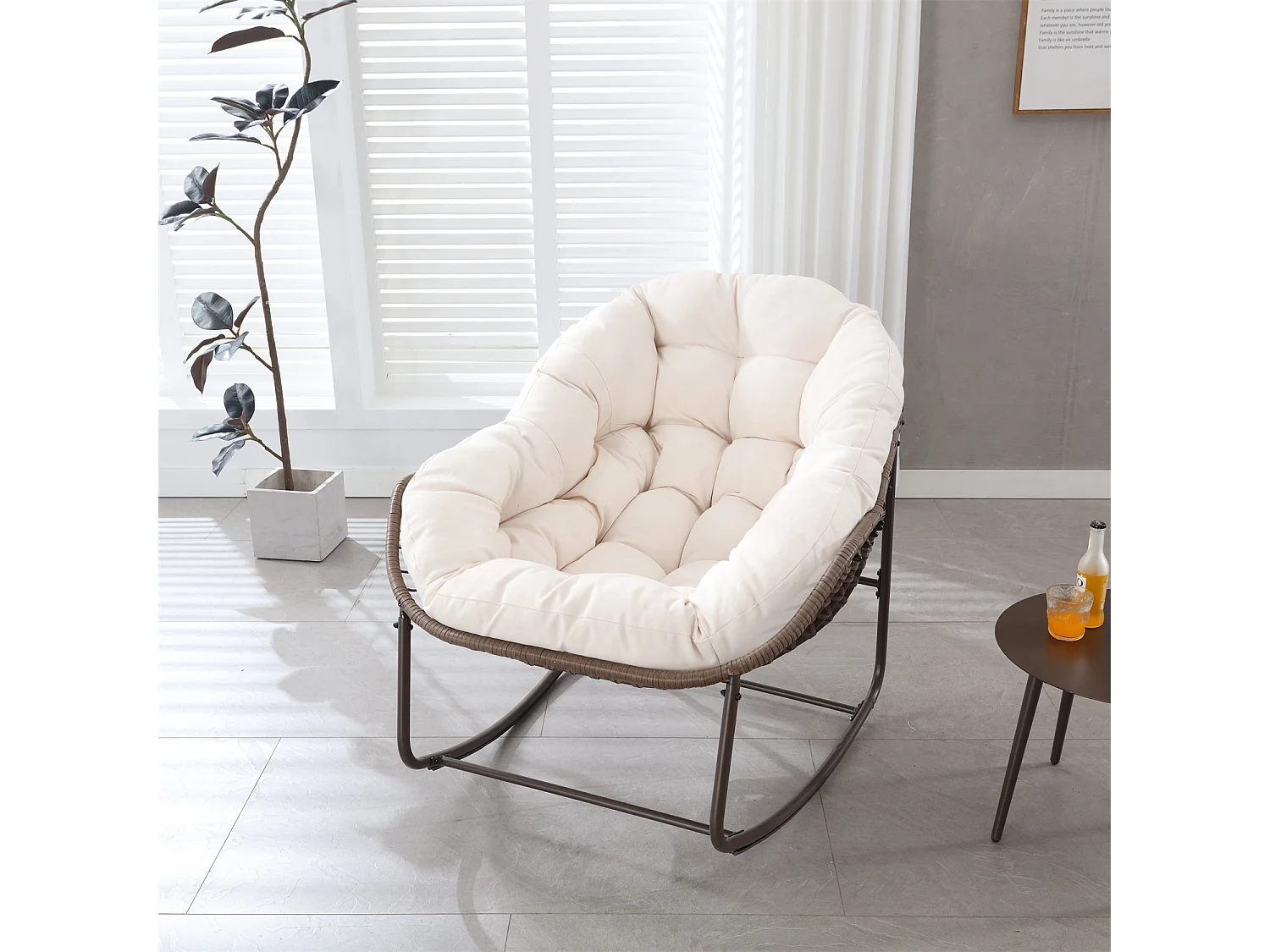 Schommelstoel met gewatteerd kussen,rotan stoel met stalen frame,lounge stoel,voor woonkamer,slaapkamer,kantoor,tuin,111cmx94,5cmx80cm,Wit