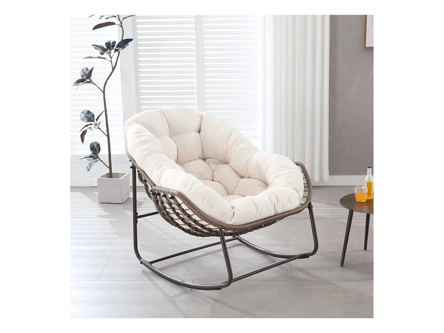 Schommelstoel met gewatteerd kussen,rotan stoel met stalen frame,lounge stoel,voor woonkamer,slaapkamer,kantoor,tuin,111cmx94,5cmx80cm,Wit