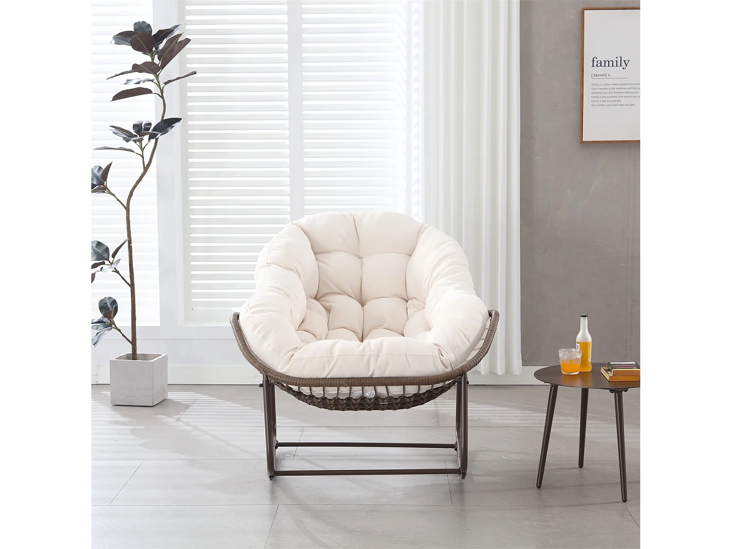 Schommelstoel met gewatteerd kussen,rotan stoel met stalen frame,lounge stoel,voor woonkamer,slaapkamer,kantoor,tuin,111cmx94,5cmx80cm,Wit