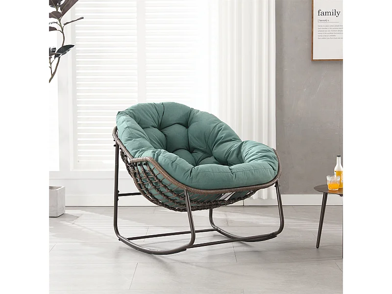 Schommelstoel met gewatteerd kussen,rotan stoel met stalen frame,lounge stoel,voor woonkamer,slaapkamer,kantoor,tuin,111cmx94,5cmx80cm,Groen
