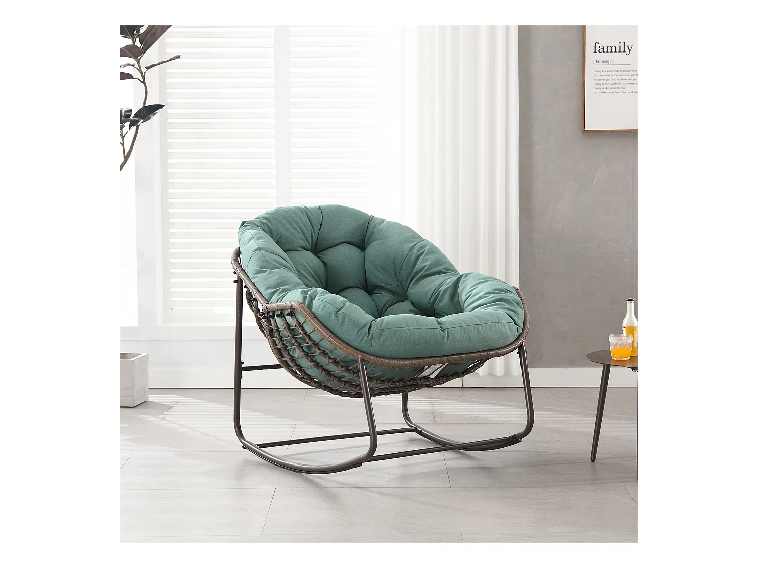 Schommelstoel met gewatteerd kussen,rotan stoel met stalen frame,lounge stoel,voor woonkamer,slaapkamer,kantoor,tuin,111cmx94,5cmx80cm,Groen