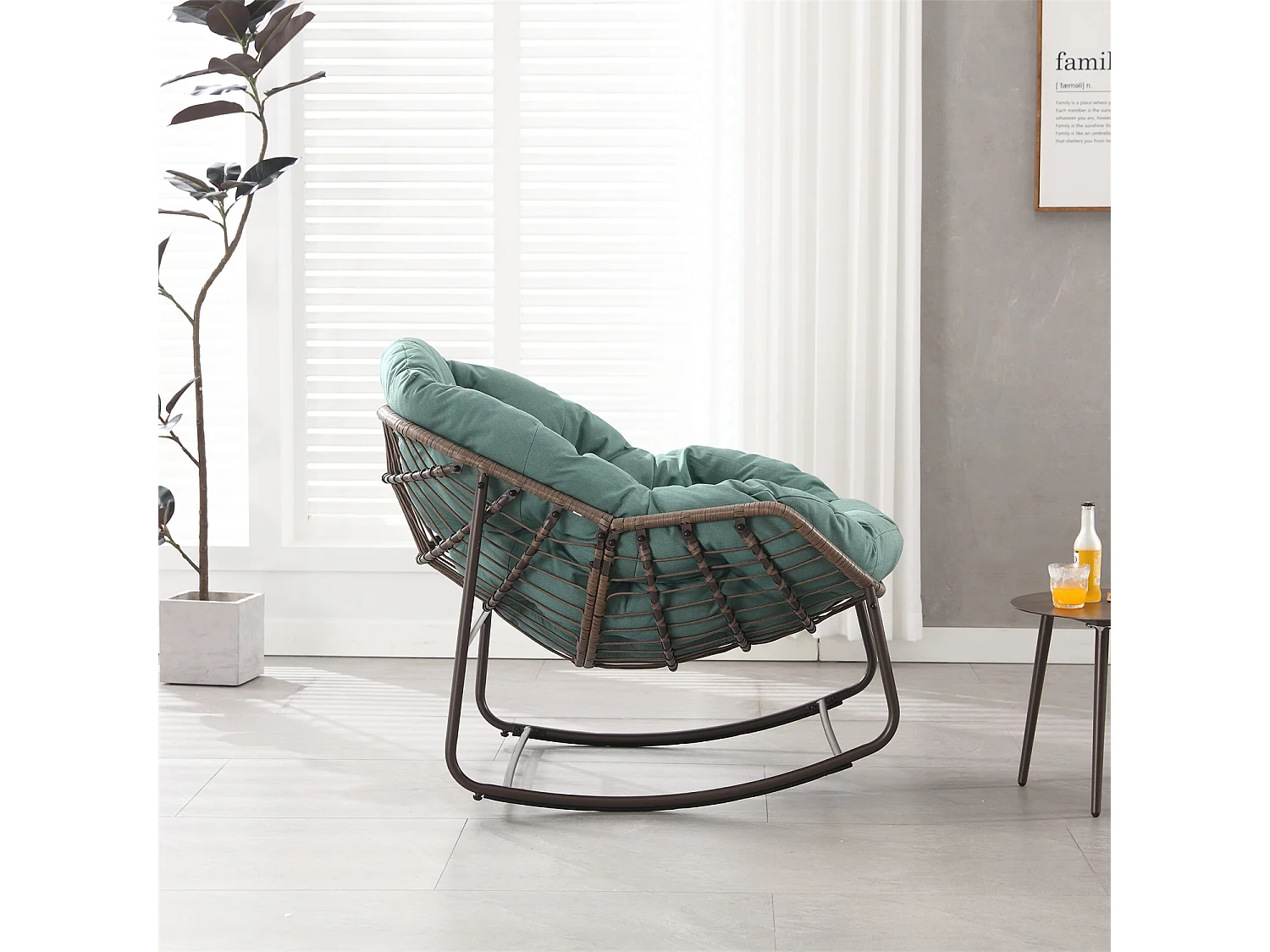 Schommelstoel met gewatteerd kussen,rotan stoel met stalen frame,lounge stoel,voor woonkamer,slaapkamer,kantoor,tuin,111cmx94,5cmx80cm,Groen