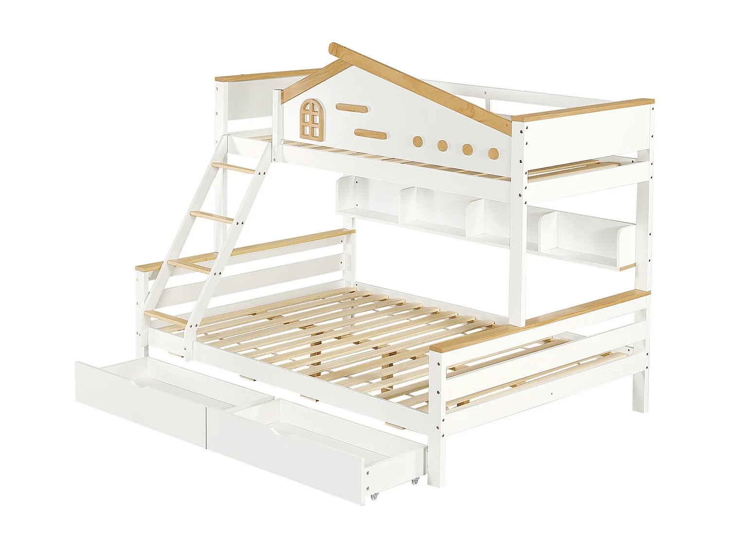 Stapelbed 90x200cm+140x200cm,met valbeveiliging,kinderbed met 2 laden,met raam en viertraps schuine ladder,zonder matras