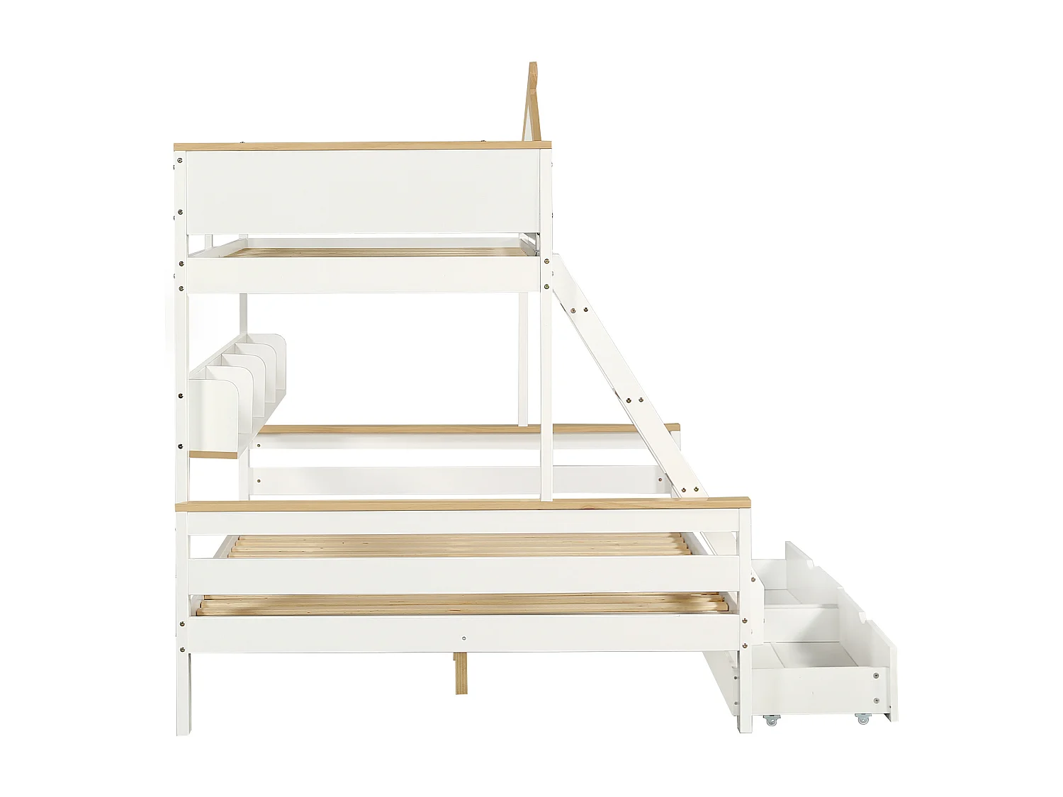 Stapelbed 90x200cm+140x200cm,met valbeveiliging,kinderbed met 2 laden,met raam en viertraps schuine ladder,zonder matras