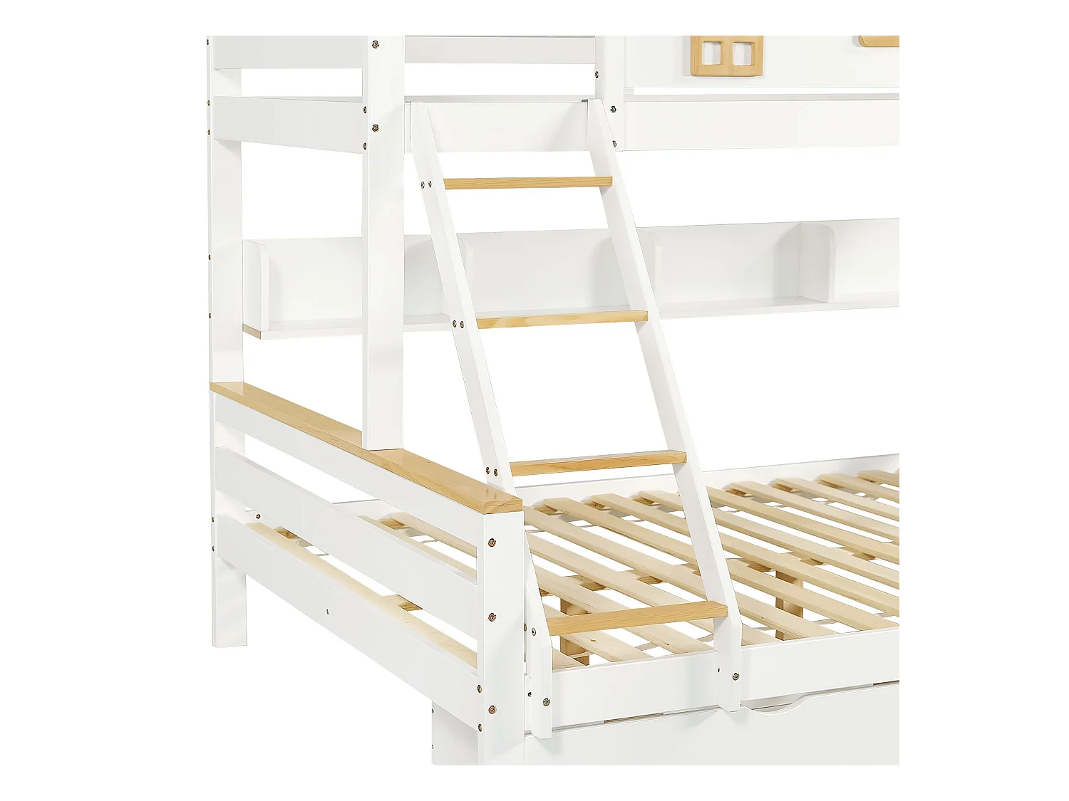 Stapelbed 90x200cm+140x200cm,met valbeveiliging,kinderbed met 2 laden,met raam en viertraps schuine ladder,zonder matras