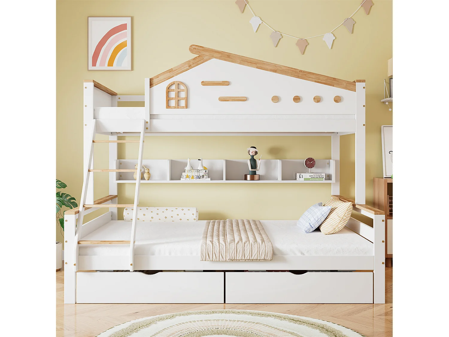 Stapelbed 90x200cm+140x200cm,met valbeveiliging,kinderbed met 2 laden,met raam en viertraps schuine ladder,zonder matras