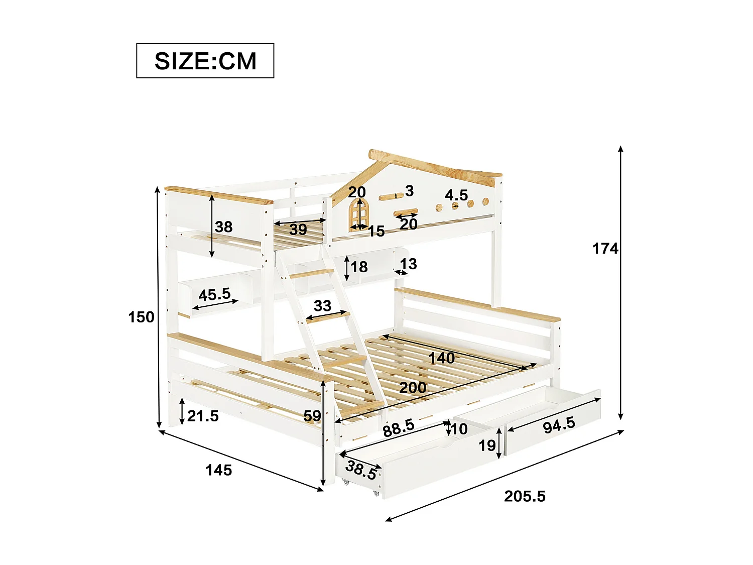 Stapelbed 90x200cm+140x200cm,met valbeveiliging,kinderbed met 2 laden,met raam en viertraps schuine ladder,zonder matras