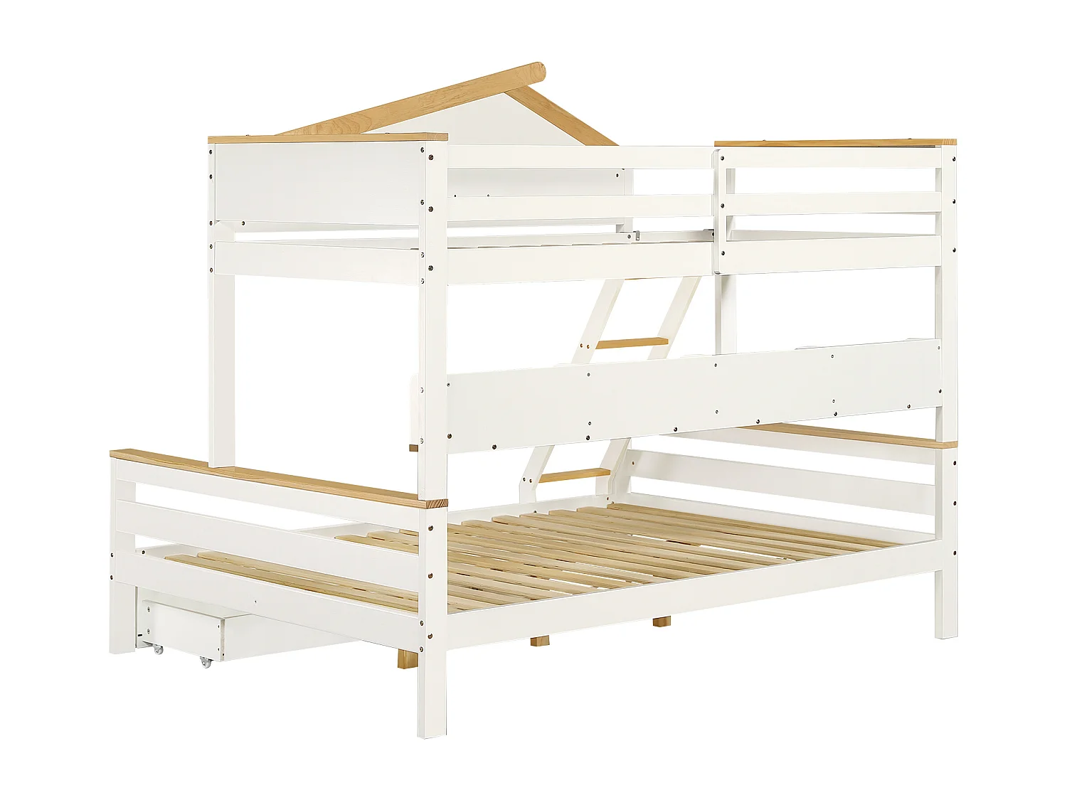 Stapelbed 90x200cm+140x200cm,met valbeveiliging,kinderbed met 2 laden,met raam en viertraps schuine ladder,zonder matras