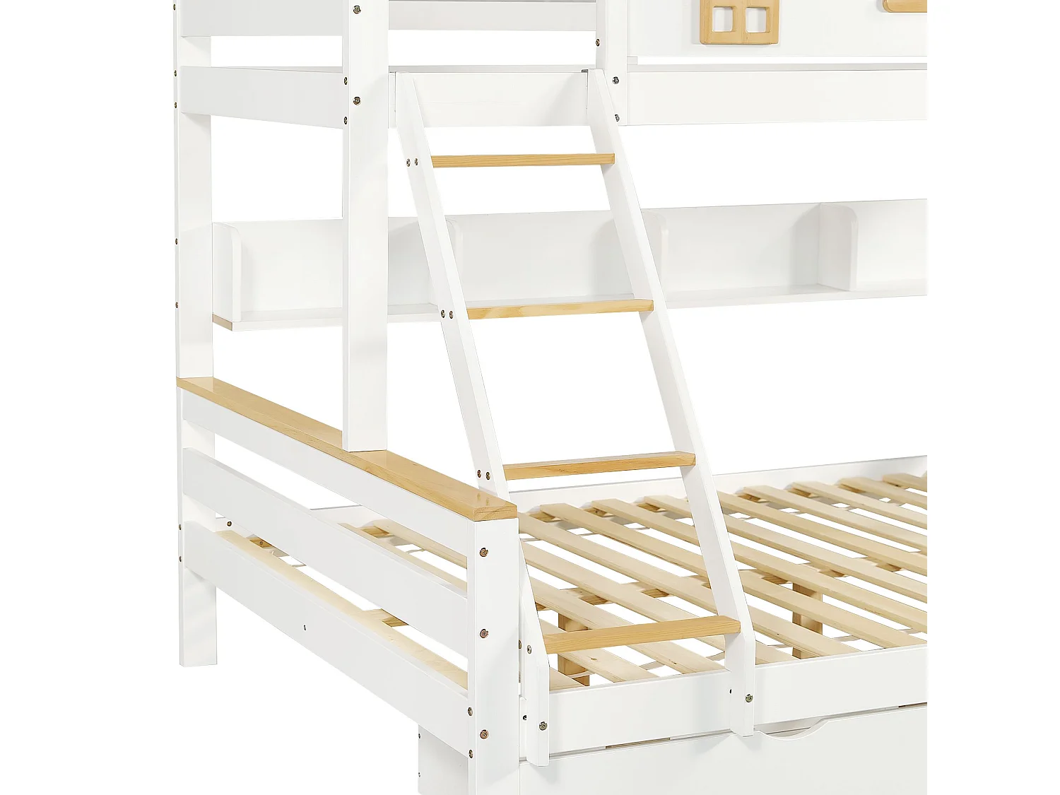 Stapelbed 90x200cm+140x200cm,met valbeveiliging,kinderbed met 2 laden,met raam en viertraps schuine ladder,zonder matras