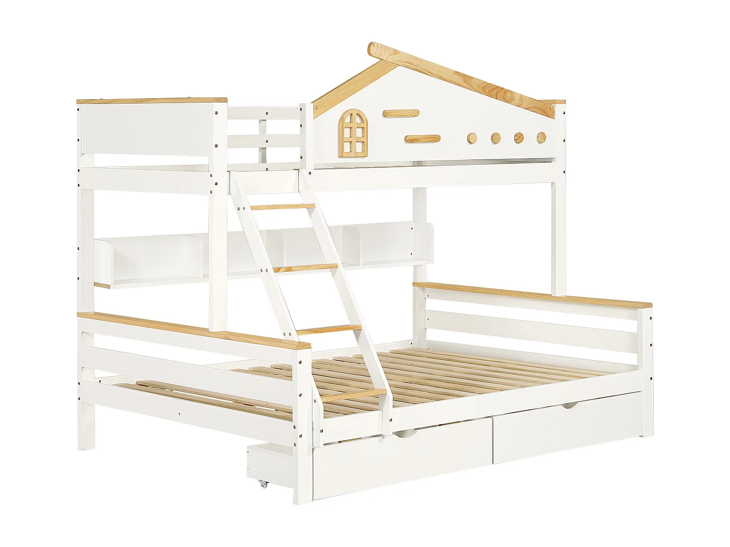 Stapelbed 90x200cm+140x200cm,met valbeveiliging,kinderbed met 2 laden,met raam en viertraps schuine ladder,zonder matras