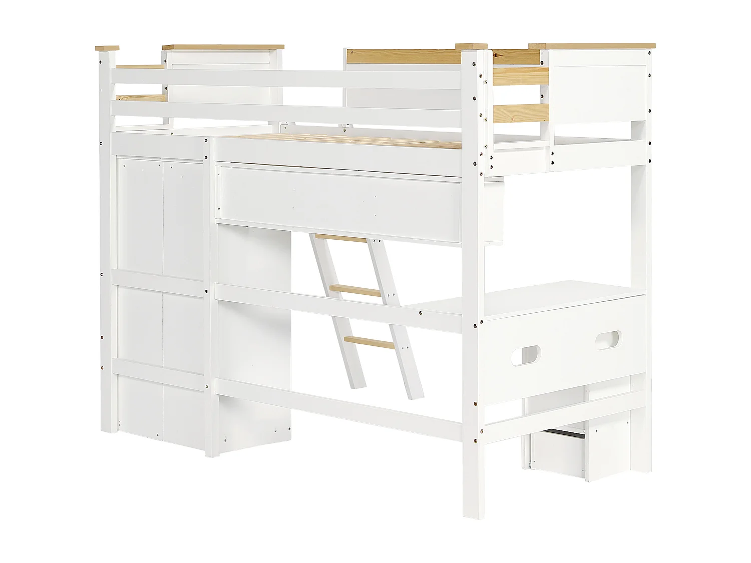 Stapelbed 90x200cm, huisbed, kinderbed, met veiligheidshek, met tafel en kleerkast, wit+natuurlijk, zonder matras