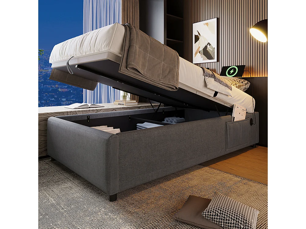 Gestoffeerd bed, eenpersoonsbed 90×190 cm, opbergbed, bedframe met USB-C en volvlak lattenbodem, zonder hoofdbord, katoen, grijs, zonder matras