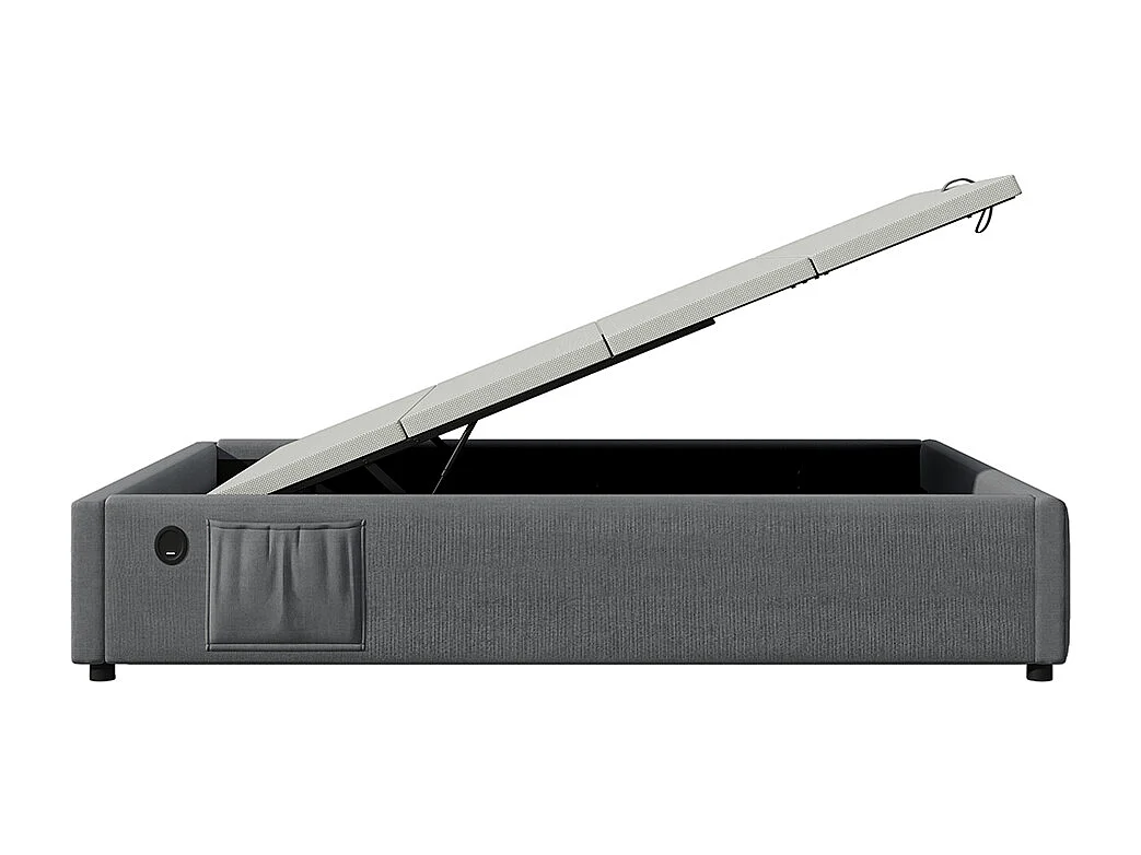 Lit Tapissé 1 personne 90×190 cm, Lit de rangement Cadre de lit avec USB- C et sommier à lattes sur toute la surface, Sans tête de lit, Coton, Gris,Sans matelas