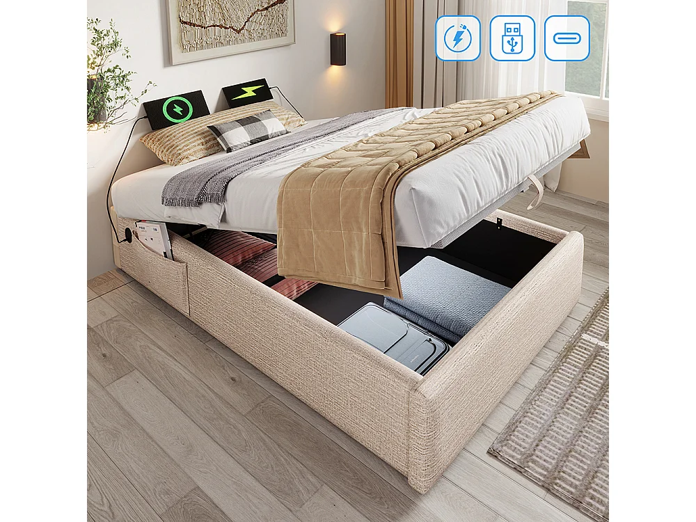 Cama estofada, cama de solteiro 90×190 cm, cama com armazenamento, estrutura de cama com USB-C e base de ripas completa, sem cabeceira, linho, natural, sem colchão